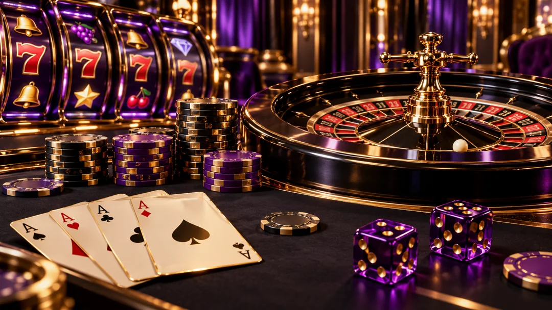 Slot, rulet, kartlar ve zarlarla casino oyunları temsili görseli